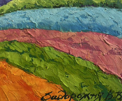 Vibrant oil painting Walking in the mountains by V. Zadorozhnya with bold colorful bands