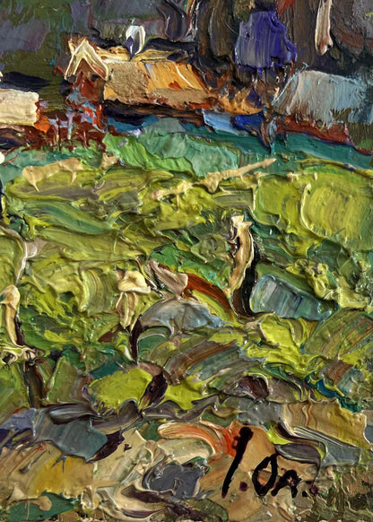 Oil painting Village near the forest by Oleksiy Ivanyuk, vibrant green yellow strokes