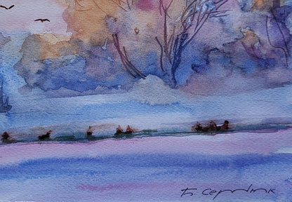 Watercolor painting Winter wonder by Boris Serdyuk: snowy landscape with birds