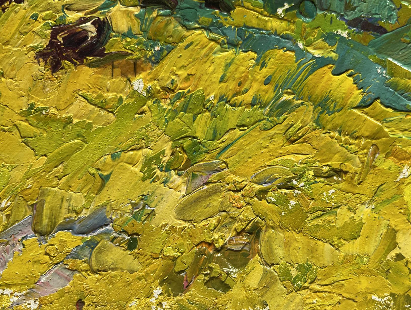 Oil painting In the autumn meadows with a breeze by Oleksiy Ivanyuk, impasto yellow and green