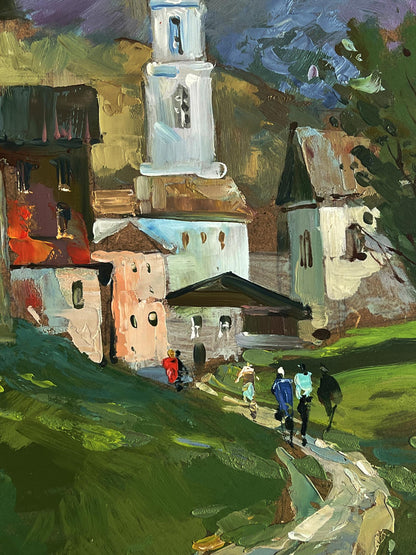 Vibrant impressionistic oil painting A visit to a village church by Yuriy Suprunchuk