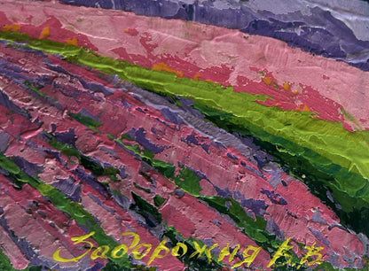 V Lavendar field sunset oil painting by V. Zadorozhnya with vibrant pink green purple impasto stripes