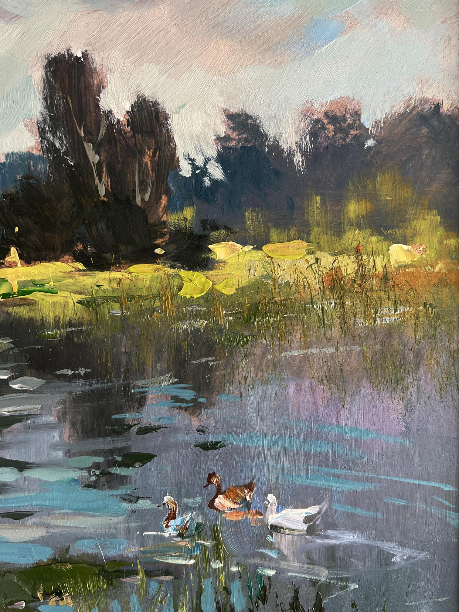 Serene impressionistic oil painting of ducks on rural grey river by Yuriy Suprunchuk