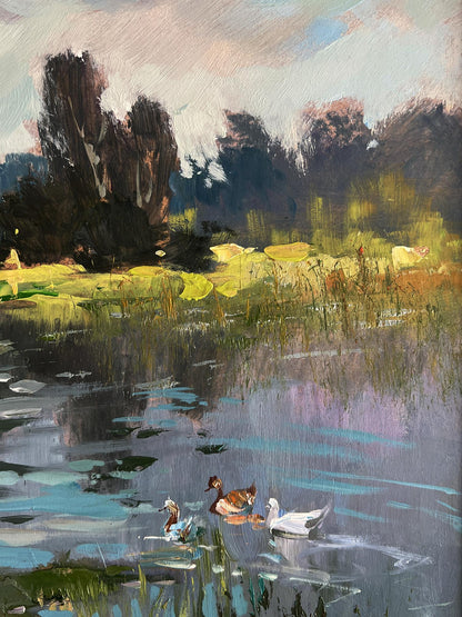 Serene impressionistic oil painting of ducks on rural grey river by Yuriy Suprunchuk