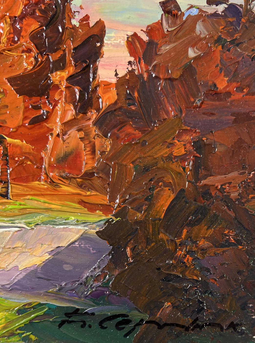 Oil painting Autumn poplars by Boris Serdyuk: vibrant canyon landscape