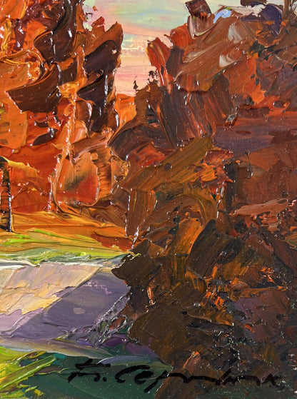 Oil painting Autumn poplars by Boris Serdyuk: vibrant canyon landscape