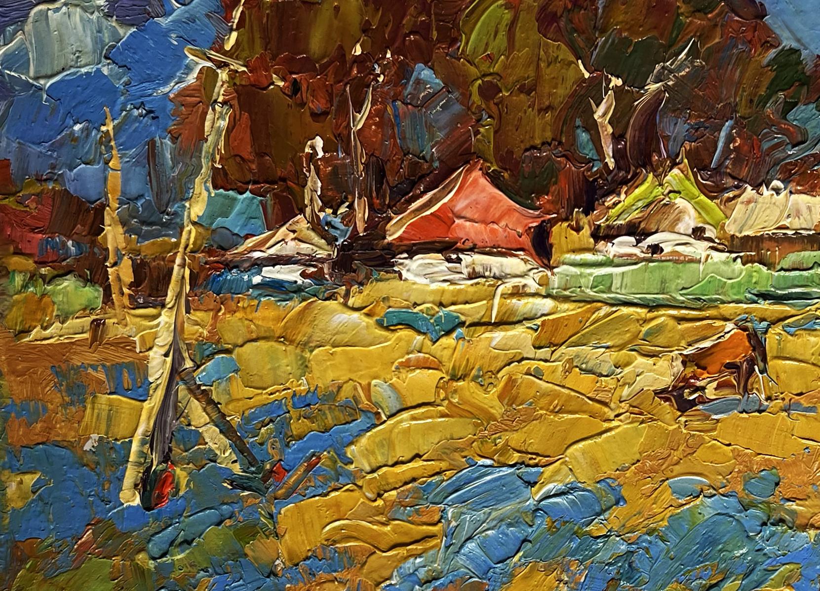 Vibrant impressionist oil painting of cow in field near village by Oksana Ivanyuk