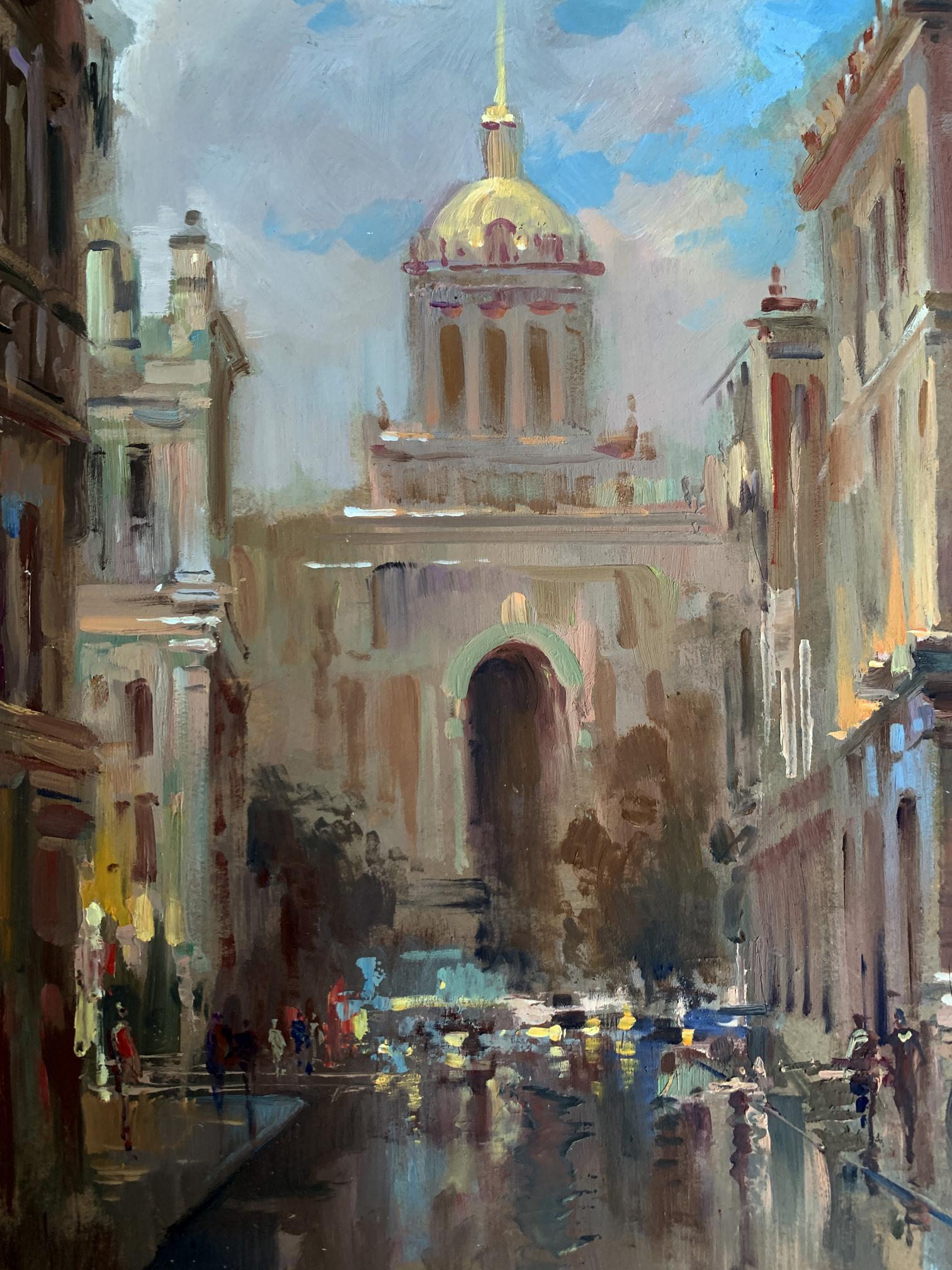 Golden-domed cathedral above rain-slicked street in Yuriy Suprunchuk oil painting
