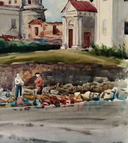 Watercolor coastal scene with buildings by Vitaly Duhnevich