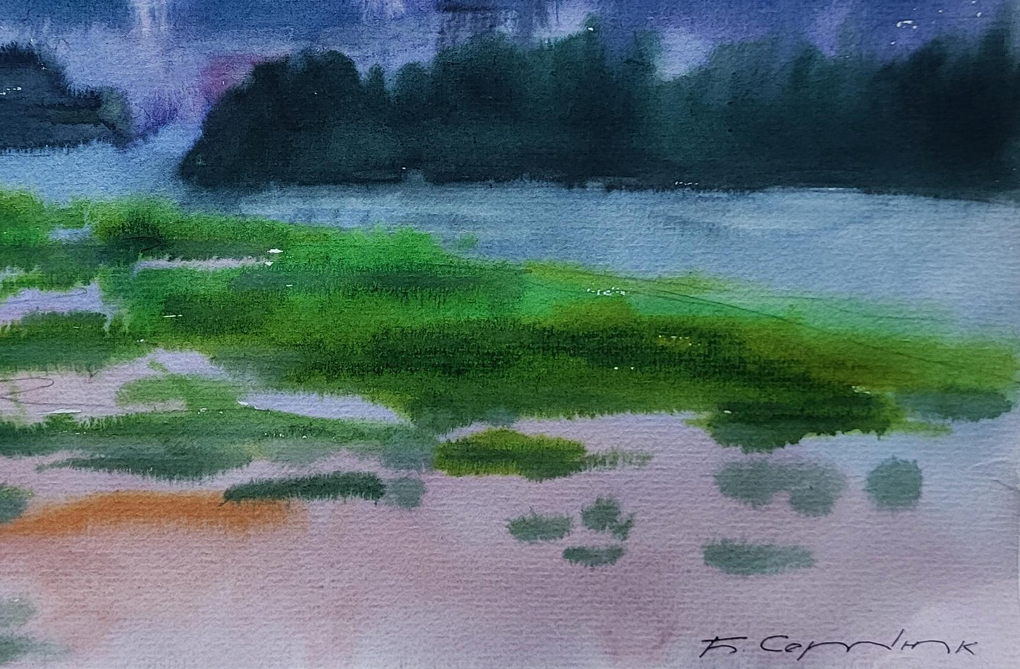 Watercolor lakeside painting Morning fog by Boris Serdyuk