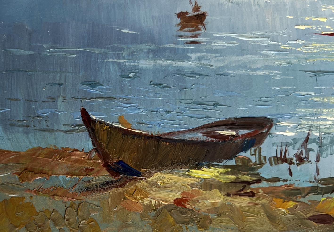 Oil painting by Yuriy Suprunchuk: weathered rowboat on sandy shore with sun rays