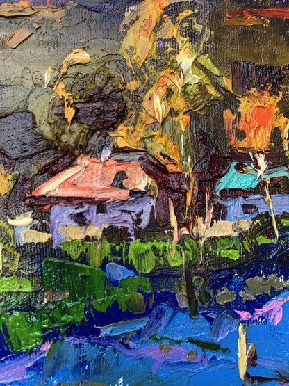Oil painting Night has come by Ivanyuk Oleksiy: rustic house with red roof in lush greenery