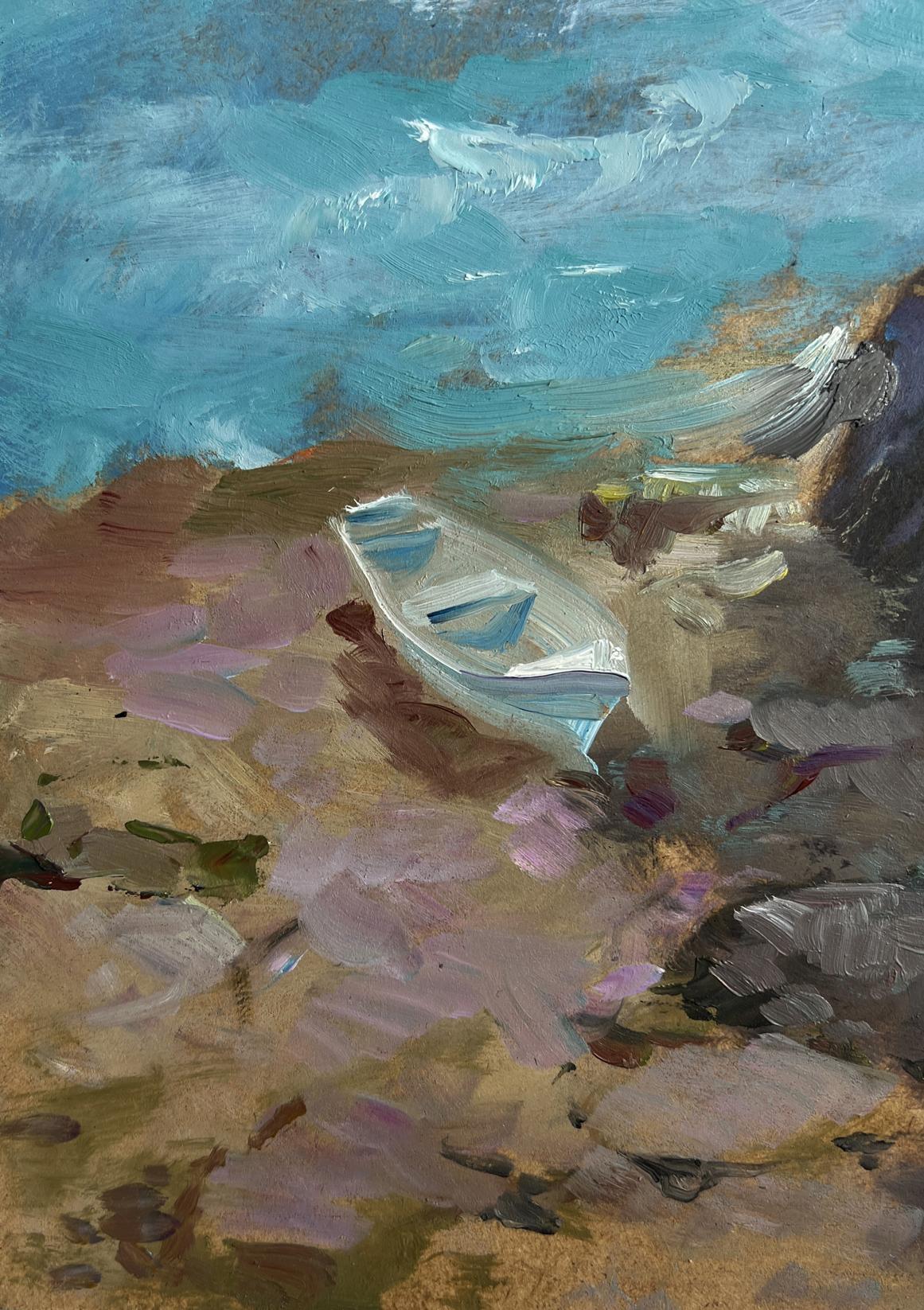 Oil painting Sea Symphony of Waves by Yuriy Suprunchuk: white rowboat on shore
