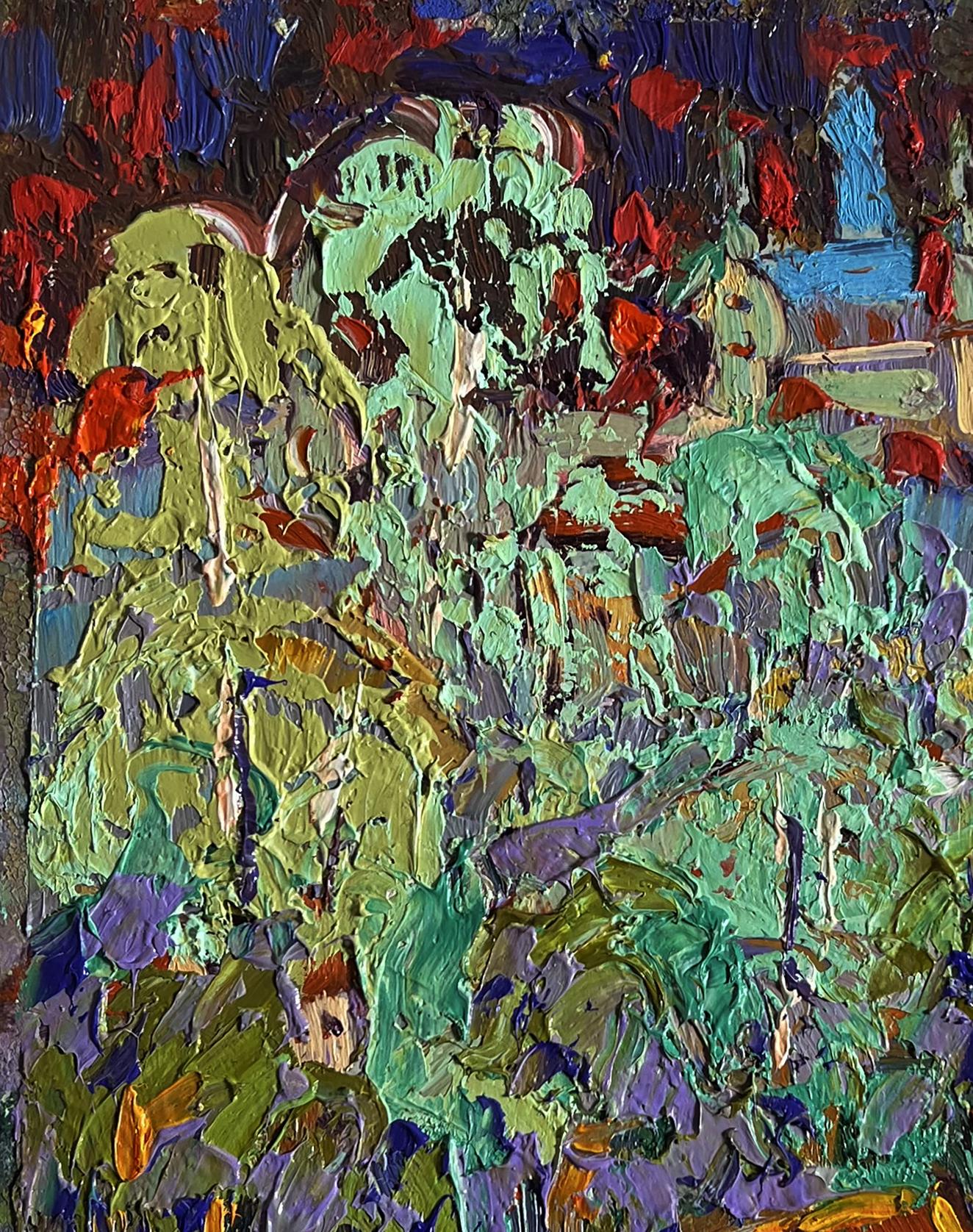 Oil painting City after the rain by Oleksiy Ivanyuk, vibrant green purple strokes