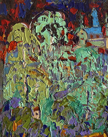 Oil painting City after the rain by Oleksiy Ivanyuk, vibrant green purple strokes
