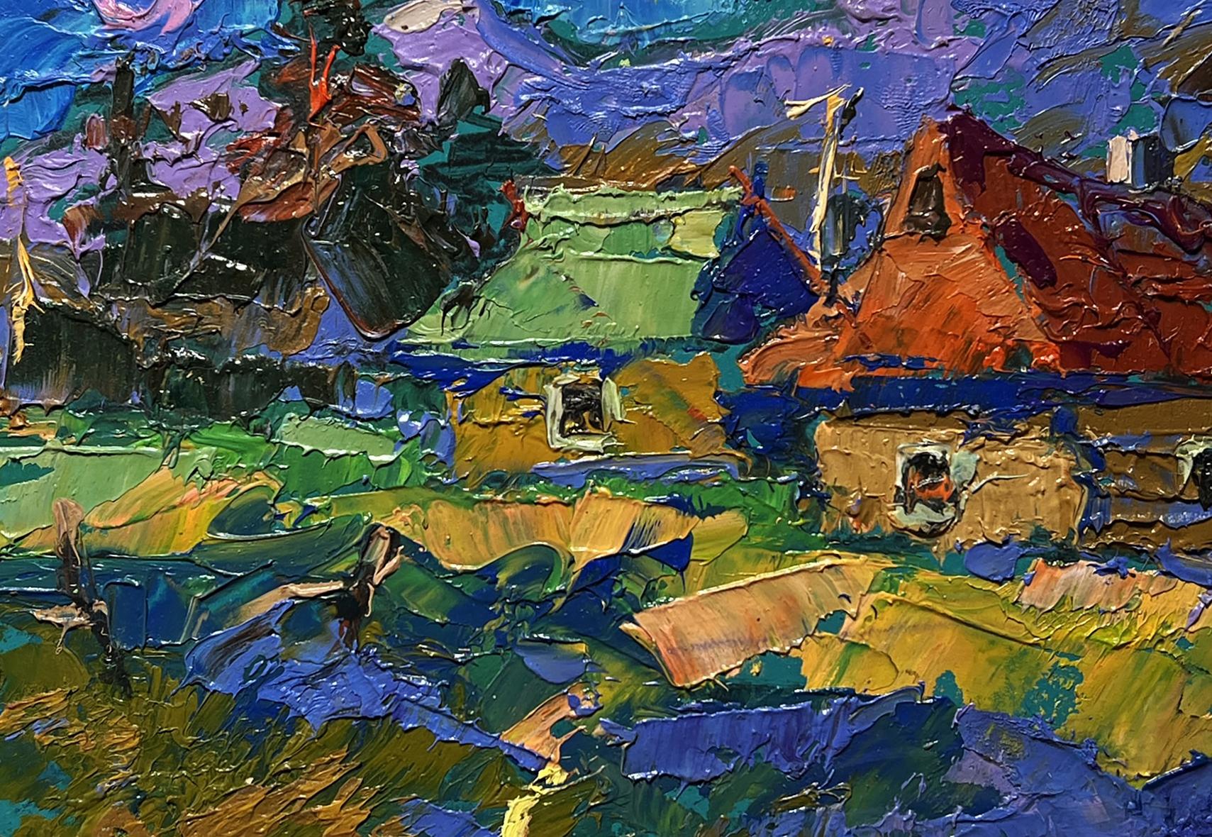 Vibrant impressionist oil painting of village and blue mountains by Oleksiy Ivanyuk
