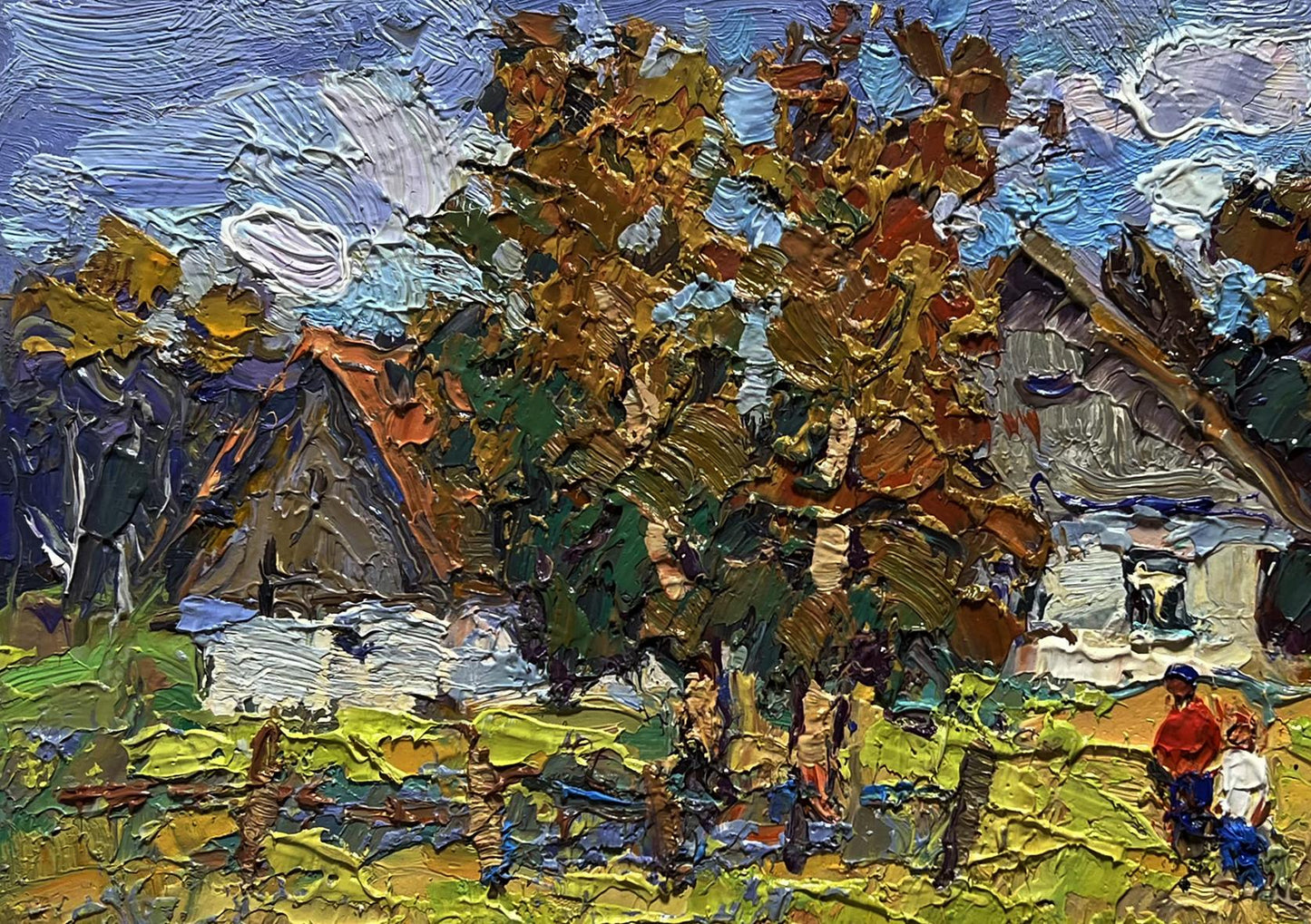 Impasto oil painting by Oksana Ivanyuk: sunny courtyard with rustic house, orange roof, autumn trees
