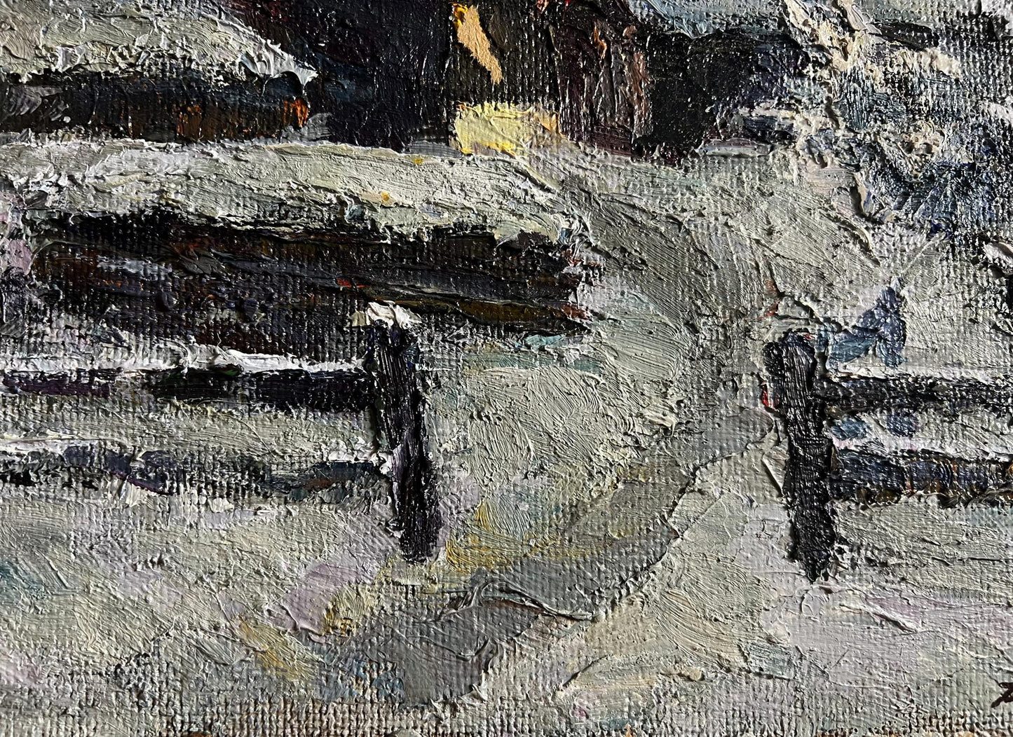 Oil painting Winter courtyard by Boris Serdyuk textured gray black impasto