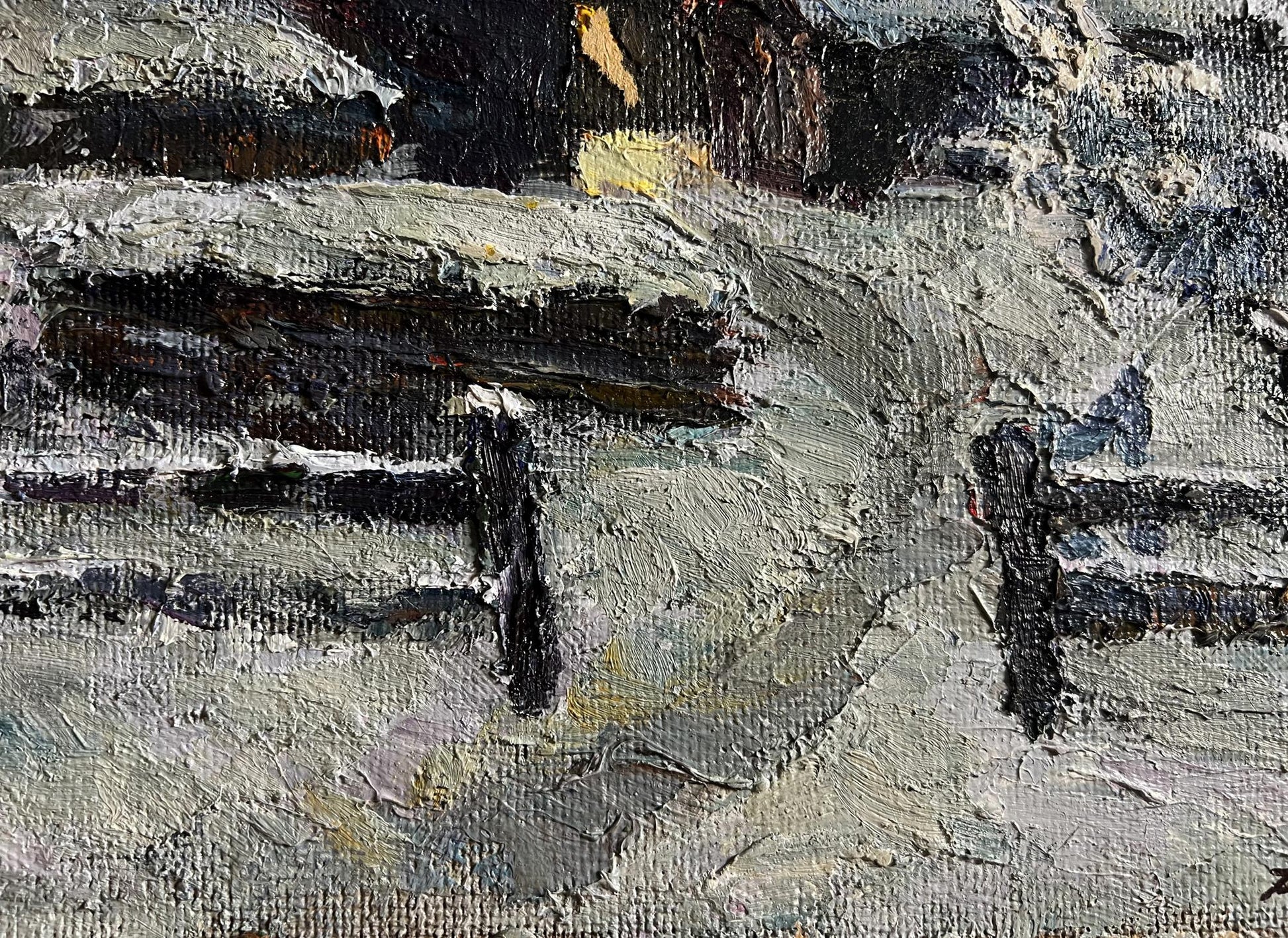 Oil painting Winter courtyard by Boris Serdyuk textured gray black impasto
