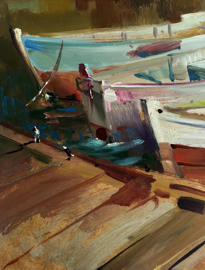 Abstract Yuriy Suprunchuk oil painting of city boat ferry in earthy browns and teal