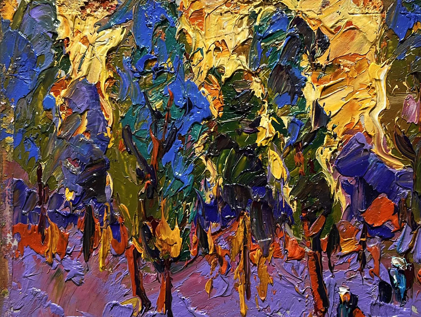 Vibrant impressionist oil painting of yellow sunset behind trees by Oleksiy Ivanyuk