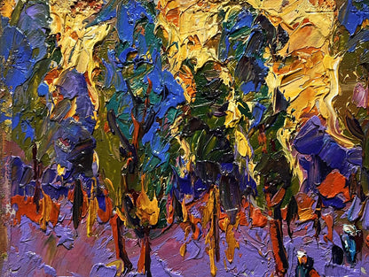 Vibrant impressionist oil painting of yellow sunset behind trees by Oleksiy Ivanyuk