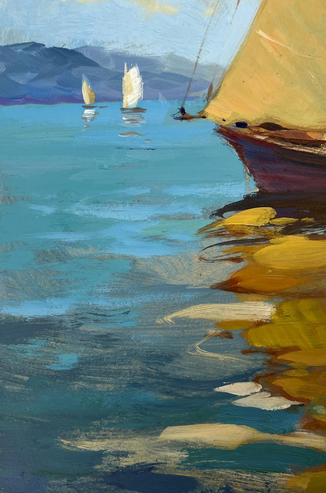 Oil painting Towards the Wind by Yuriy Suprunchuk: yellow sailboat on turquoise waters
