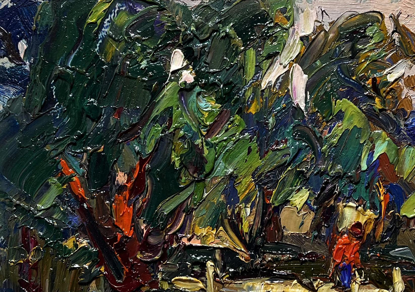 Vibrant impressionist oil painting Willows by the river by Oksana Ivanyuk