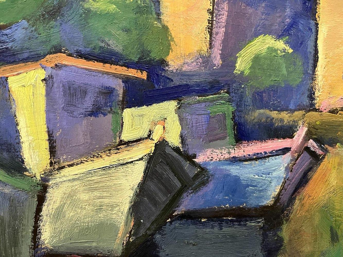 Vibrant Harbor abstract oil painting by Oleksandr Andreev with bold purple yellow green blue blocks