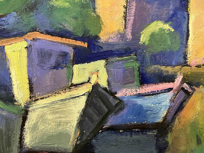 Vibrant Harbor abstract oil painting by Oleksandr Andreev with bold purple yellow green blue blocks