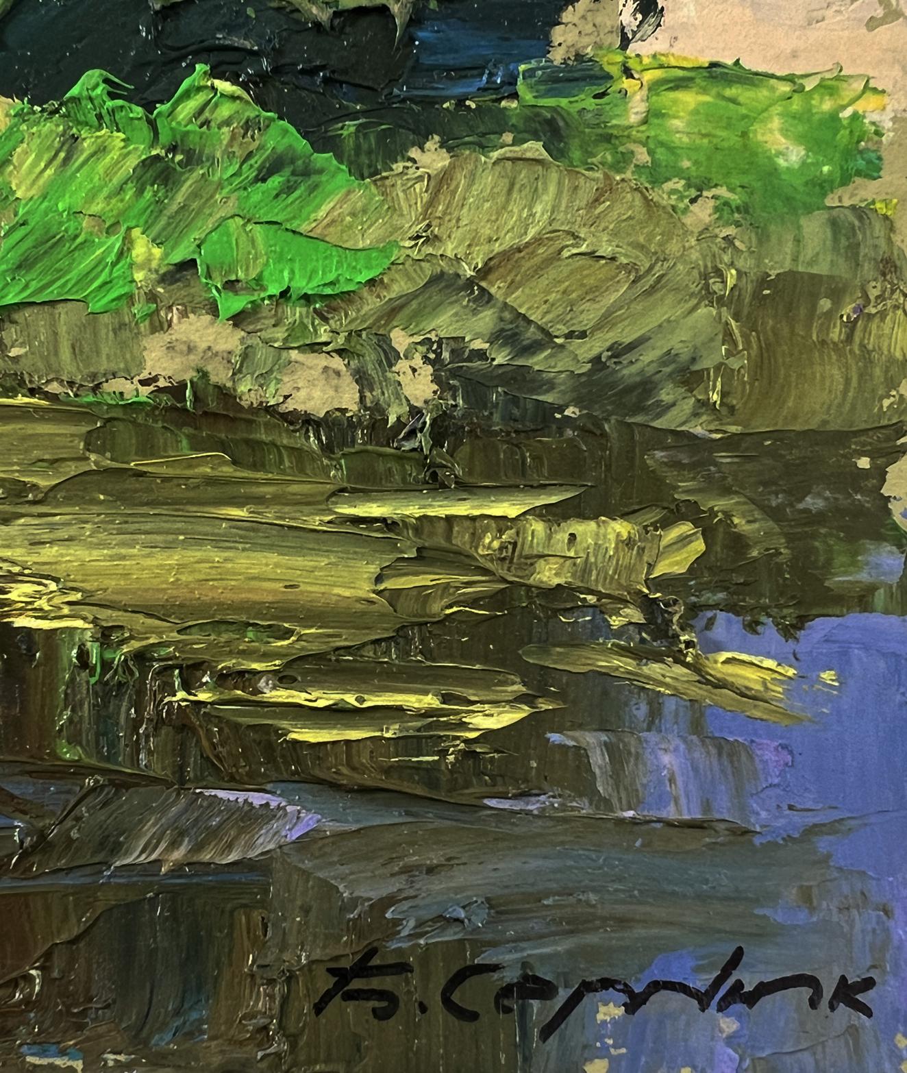 Oil painting Trees near the pond by Boris Serdyuk, vibrant green gold strokes