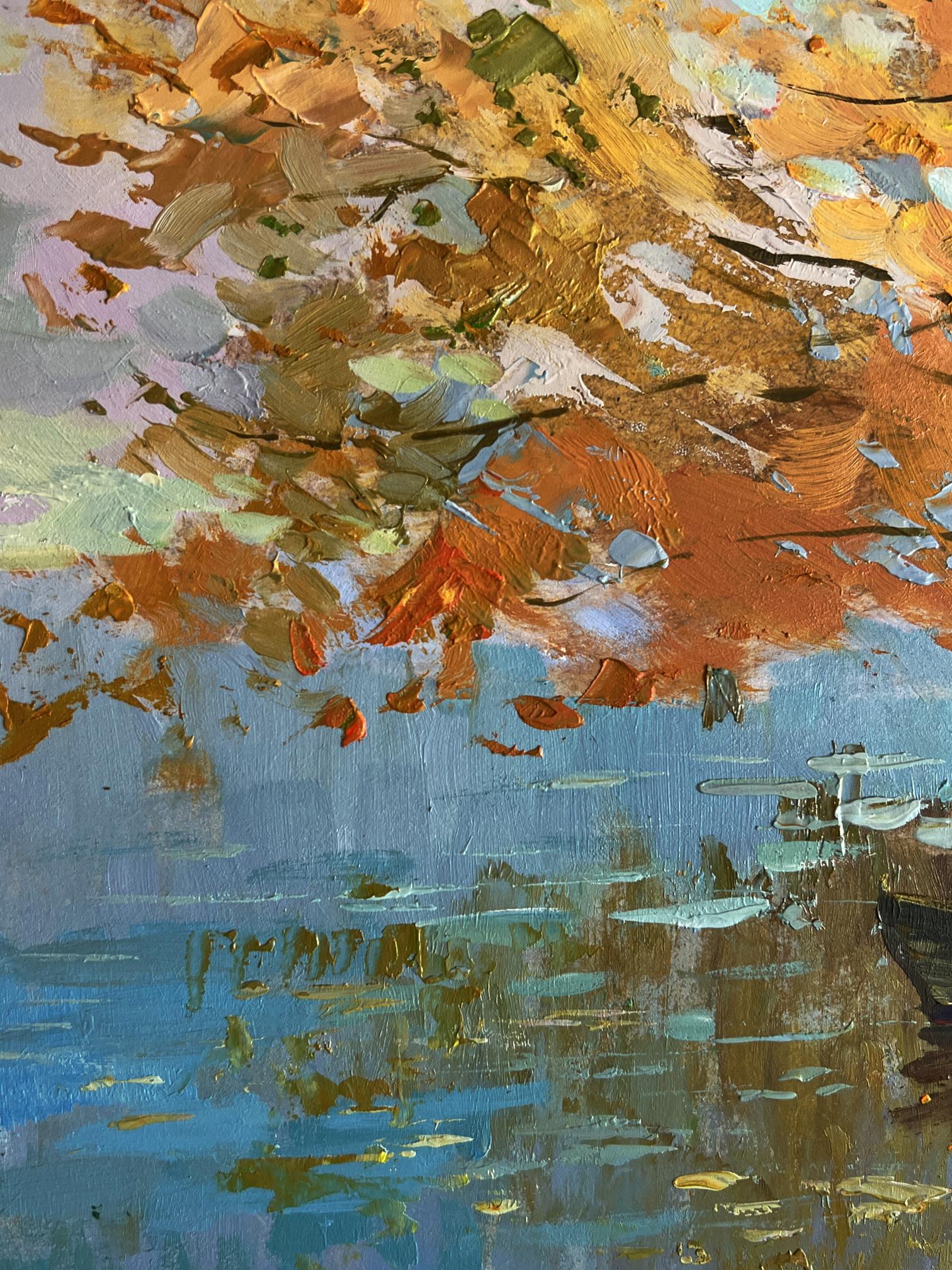Vibrant impressionist oil painting On the autumn river by Yuriy Suprunchuk