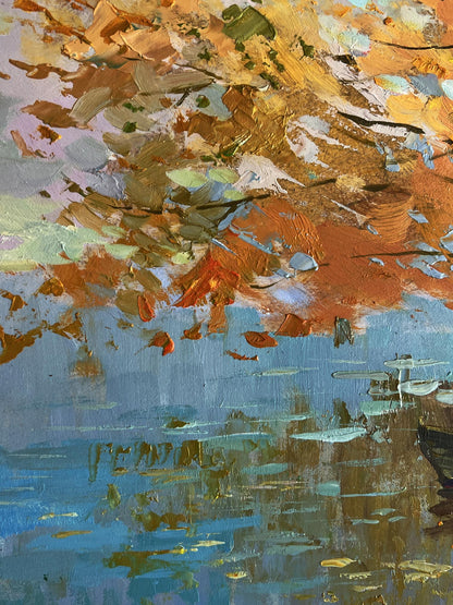Vibrant impressionist oil painting On the autumn river by Yuriy Suprunchuk