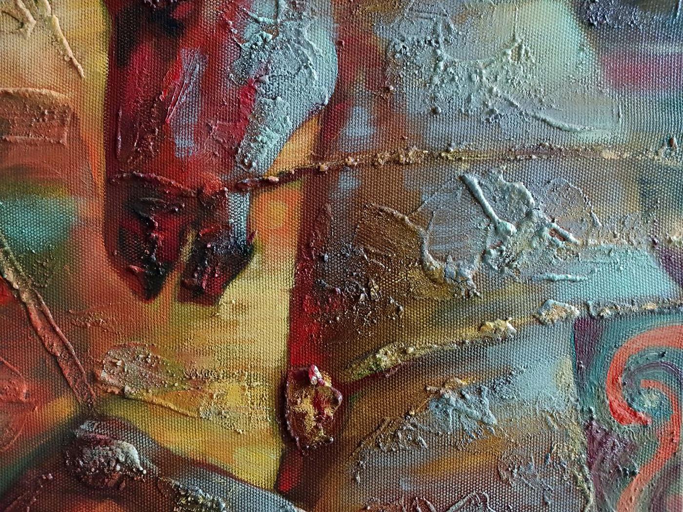 Abstract oil painting Scythian legend by Anatoly Tarabanov, bold red blue gold strokes