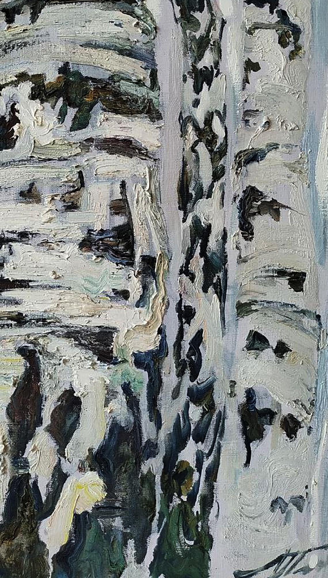 Oil painting White birches Leonid Pavlenko textured birch bark impasto