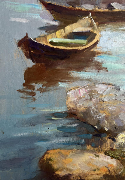Oil painting of wooden rowboat with green cushion in village boat port by Yuriy Suprunchuk