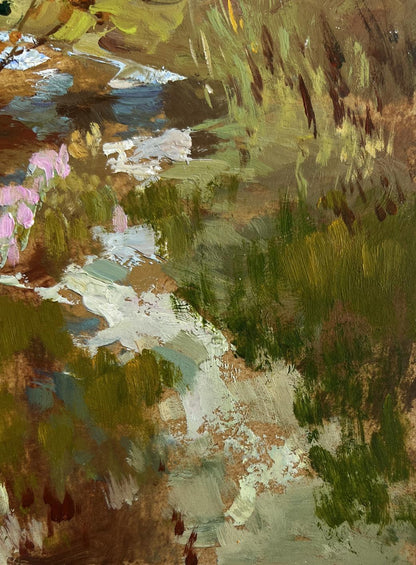 Impressionistic oil painting by Yuriy Suprunchuk of stream in lush greenery