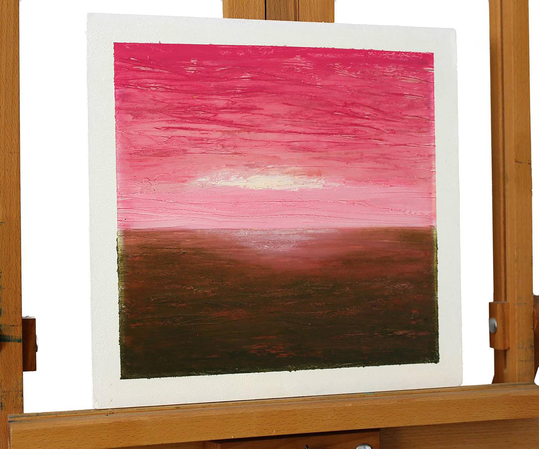 Oil painting Sunrise Andriy Klishyn: pink brown textured sunset over water, white frame