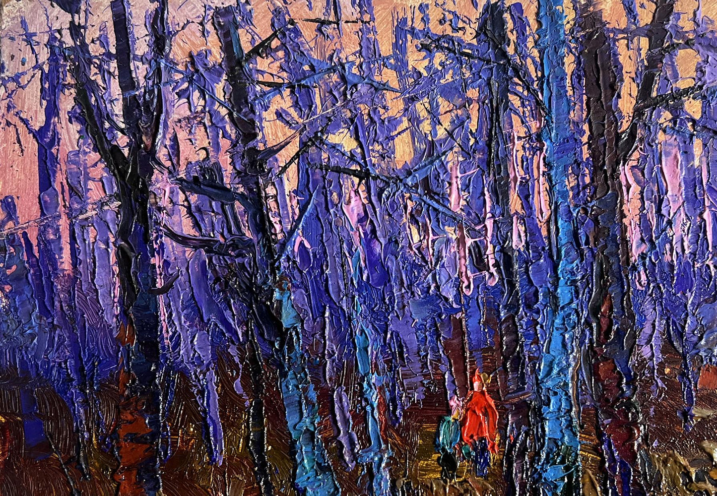 Oil painting of frosty forest by Oksana Ivanyuk, blue trees orange sky