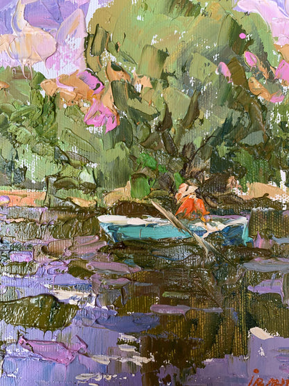 Oil painting Summer fishing by Oleksiy Ivanyuk: turquoise boat, orange figure
