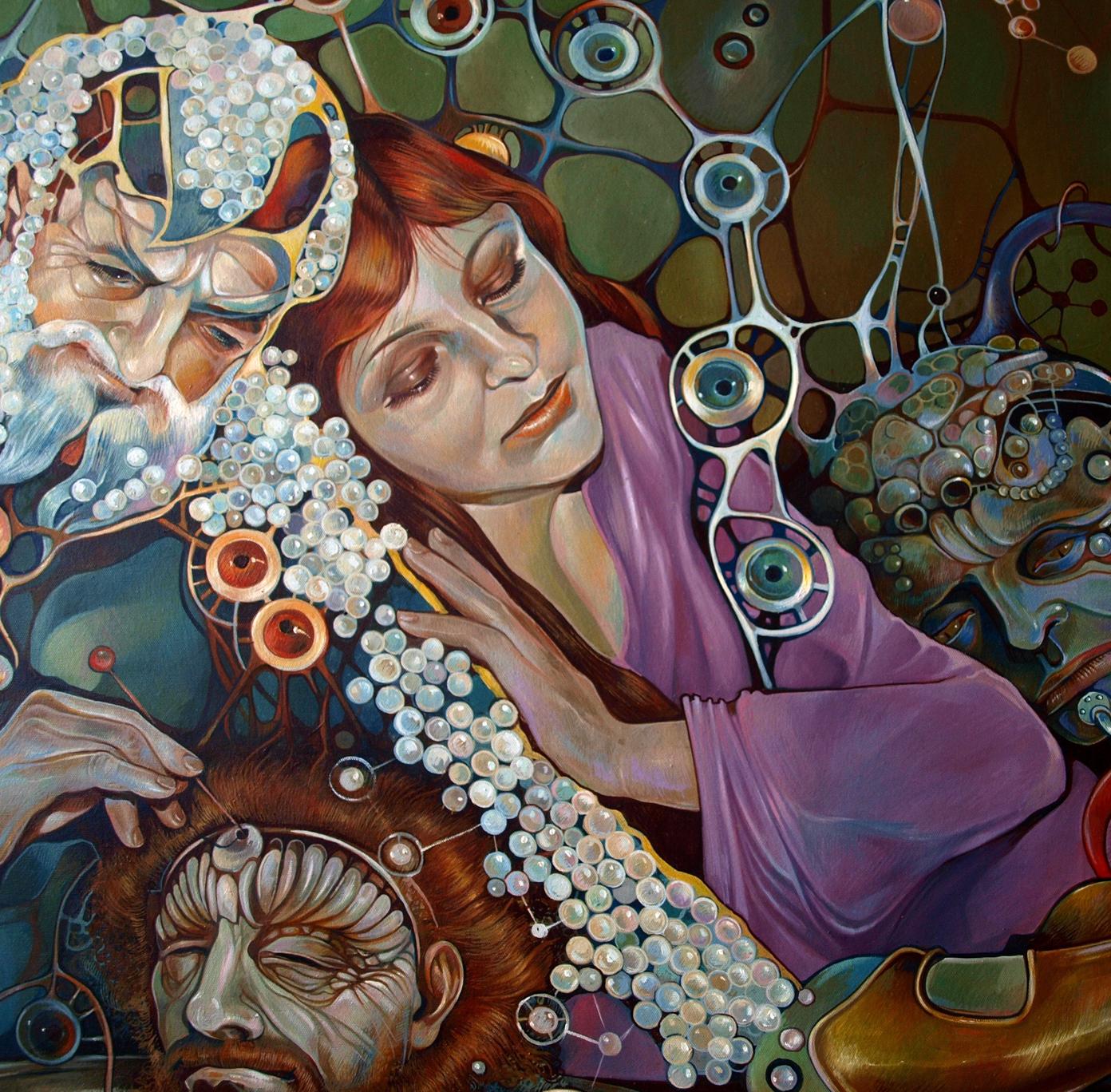 Surreal oil painting Pistis Sophia by Konsta G. Amelinn: woman in purple robe amid faces and orbs