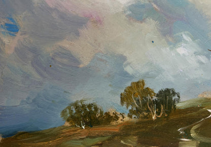 Oil painting Birds flying home by Yuriy Suprunchuk impressionistic hills sky
