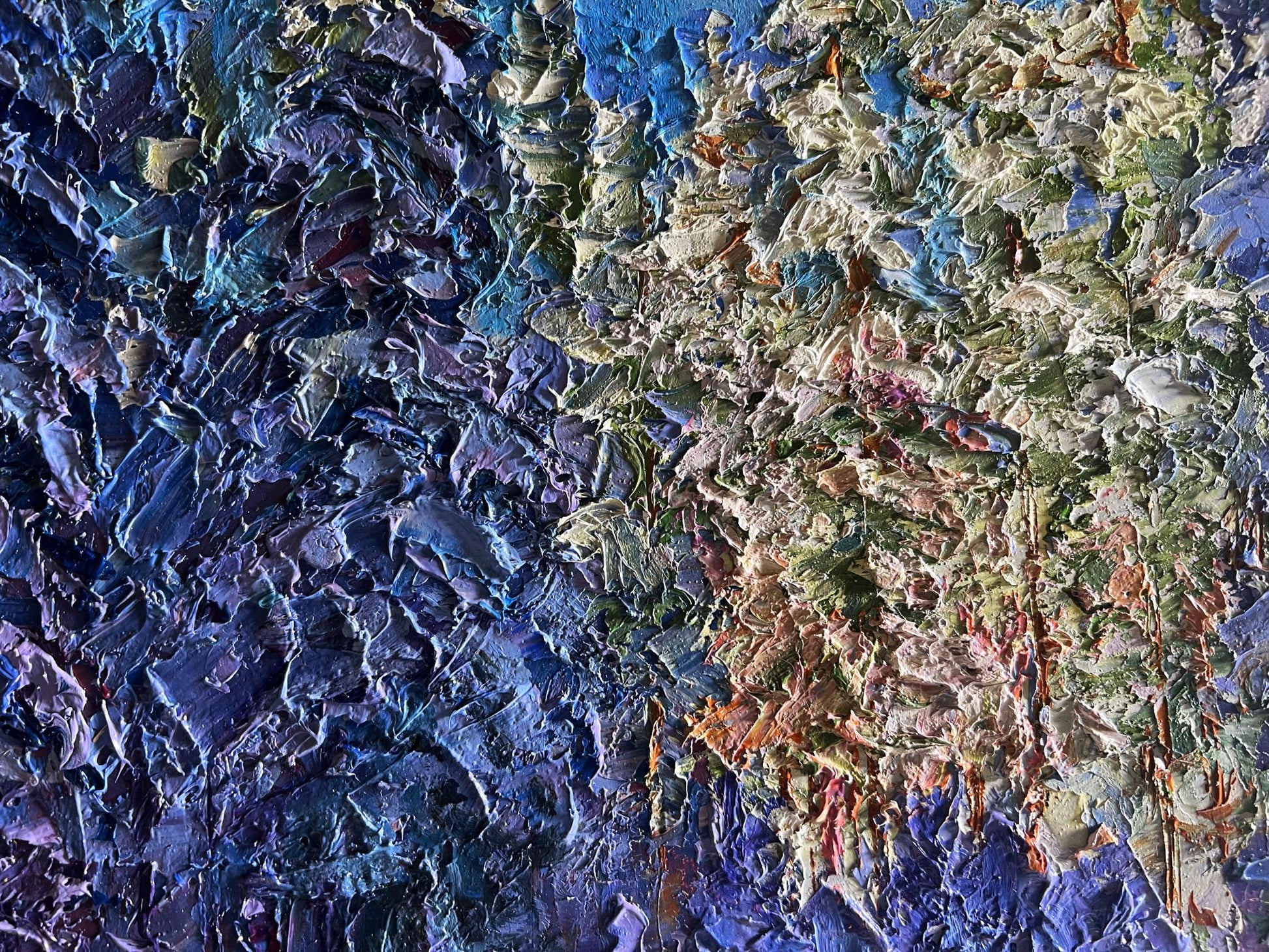 Oil painting Winter in the forest by Boris Serdyuk, impasto blues to greens
