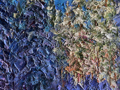 Oil painting Winter in the forest by Boris Serdyuk, impasto blues to greens