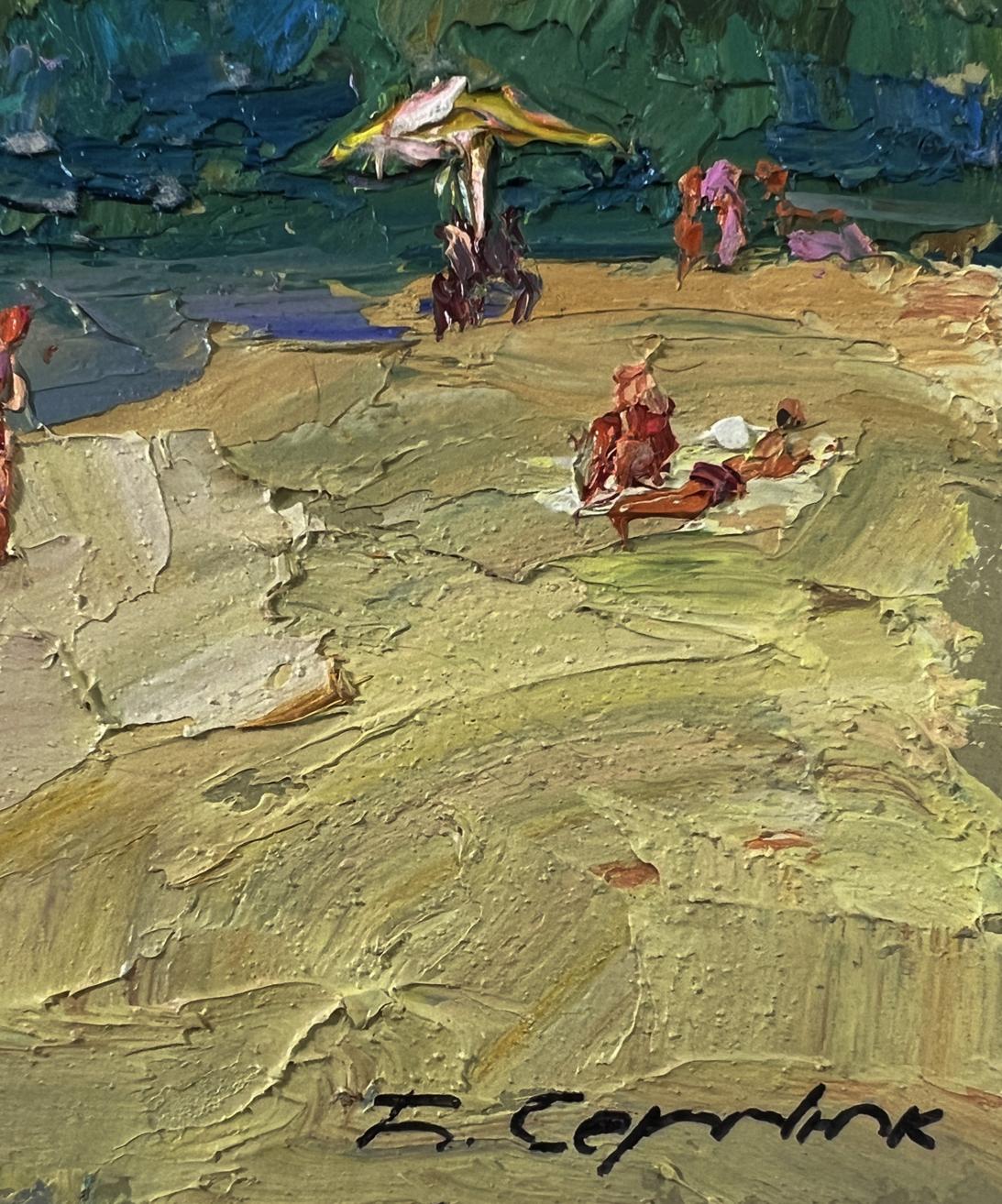 Textured impressionistic oil painting by Boris Serdyuk of people relaxing on river beach