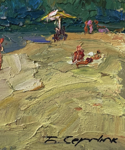Textured impressionistic oil painting by Boris Serdyuk of people relaxing on river beach