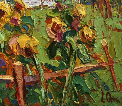 Vibrant impressionist oil painting of sunflowers in the yard by Oksana Ivanyuk
