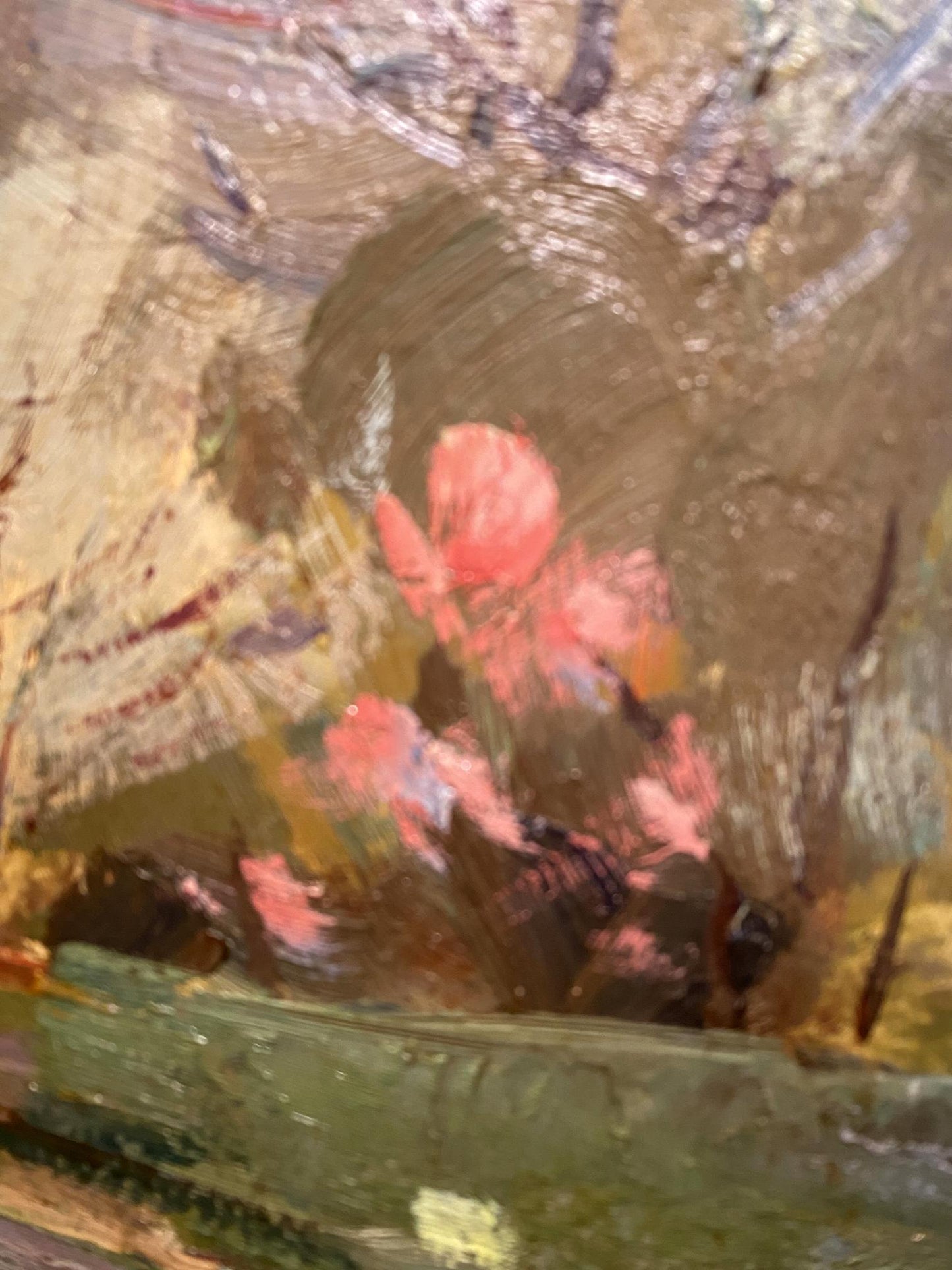 Oil painting Spring in Y. by Arkady Strelov: pink blossoms on earthy tones