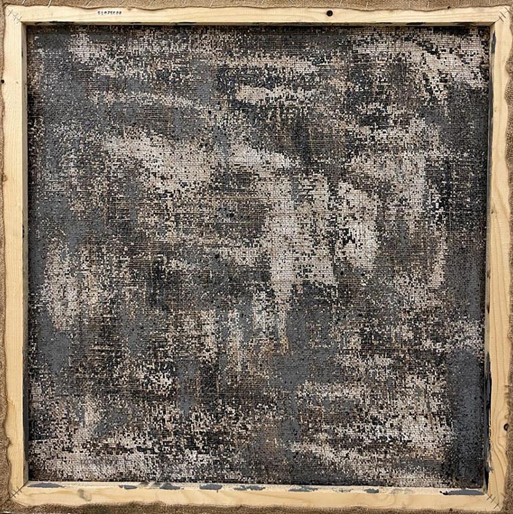 Weathered grayscale abstract oil painting City Descent by Serhiy Kovalev in light wood frame