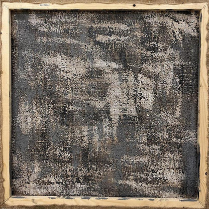 Weathered grayscale abstract oil painting City Descent by Serhiy Kovalev in light wood frame